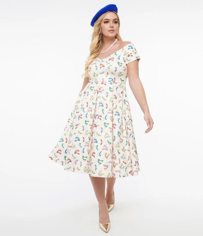 Dolly and Dotty 1950s Cream and Multicolor Heels Swing Dress DressesPlus Unique Vintage Pocket Dresses Dolly and Dotty 1950s Cream and Multicolor Heels Swing Dress DressesPlus Unique Vintage Pocket Dresses