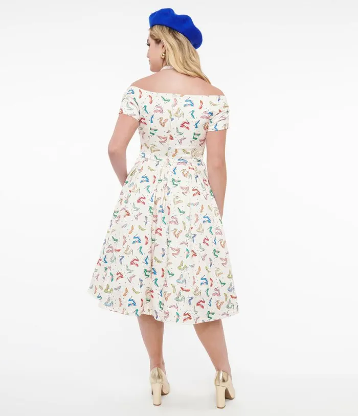 Dolly and Dotty 1950s Cream and Multicolor Heels Swing Dress DressesPlus Unique Vintage Pocket Dresses