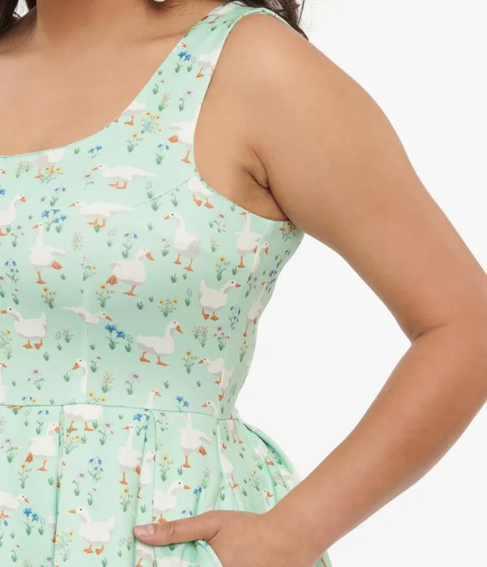 Dolly and Dotty 1950s Mint Green Duck Print Amanda Swing Dress DressesPlus Unique Vintage Pocket Dresses