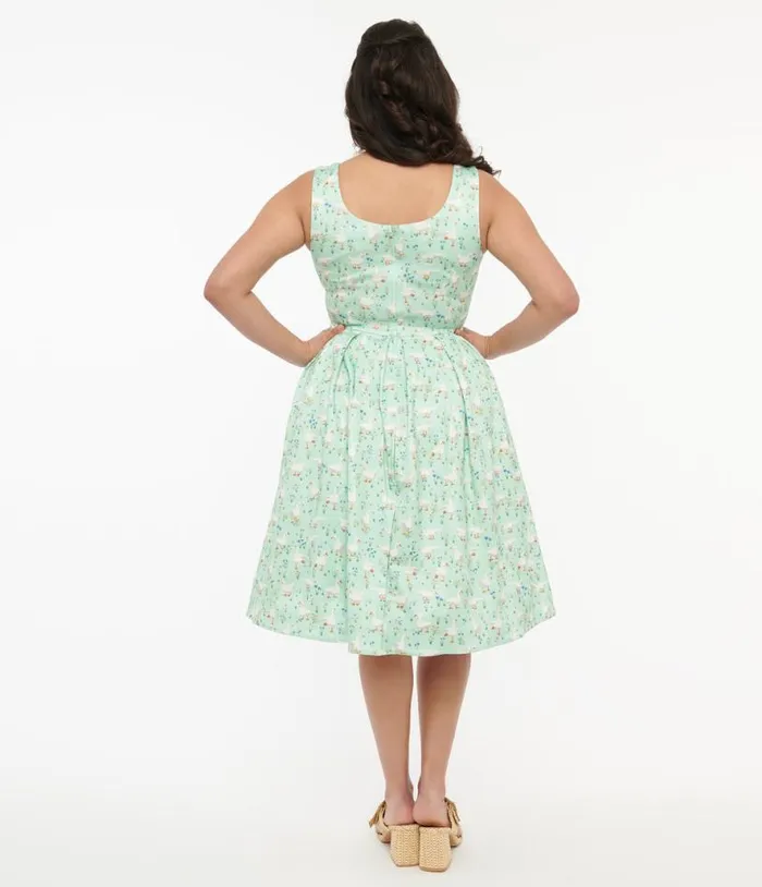 Dolly and Dotty 1950s Mint Green Duck Print Amanda Swing Dress DressesPlus Unique Vintage Pocket Dresses