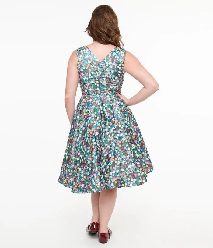 Dolly and Dotty 1950s Navy and Rose Print Grace Swing Dress DressesPlus Unique Vintage Swing
