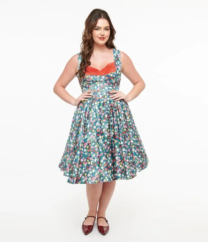Dolly and Dotty 1950s Navy and Rose Print Grace Swing Dress DressesPlus Unique Vintage Swing