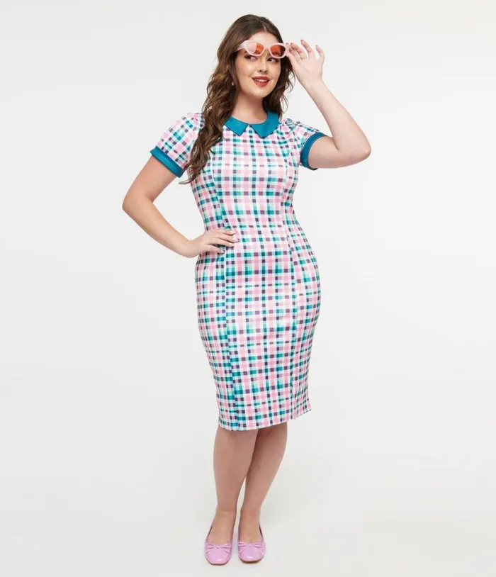 Dolly and Dotty 1950s Pink and Teal Plaid Toni Pencil Dress DressesPlus Unique Vintage Pencil
