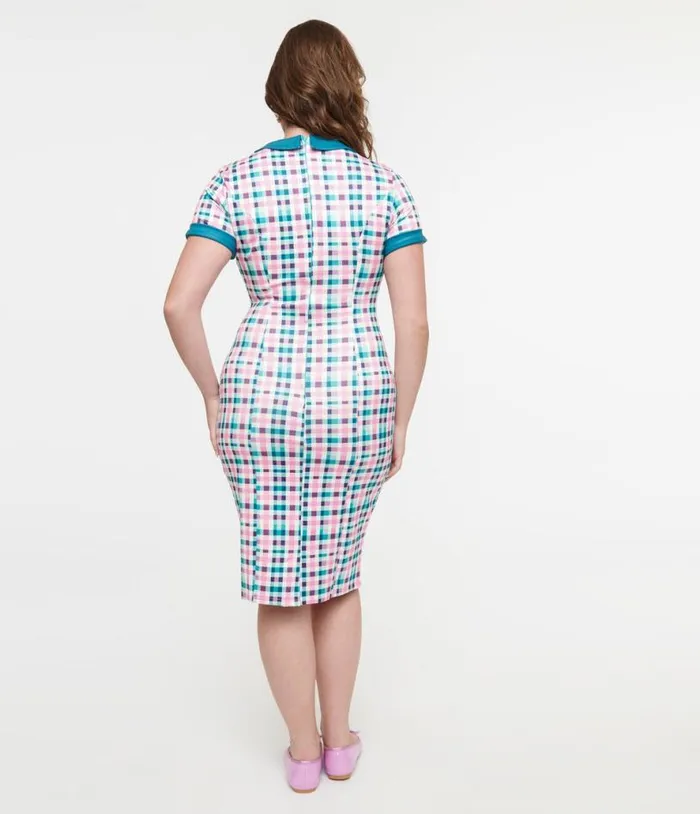 Dolly and Dotty 1950s Pink and Teal Plaid Toni Pencil Dress DressesPlus Unique Vintage Pencil