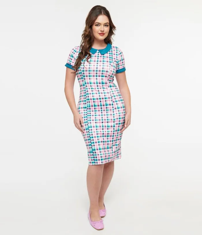 Dolly and Dotty 1950s Pink and Teal Plaid Toni Pencil Dress DressesPlus Unique Vintage Pencil