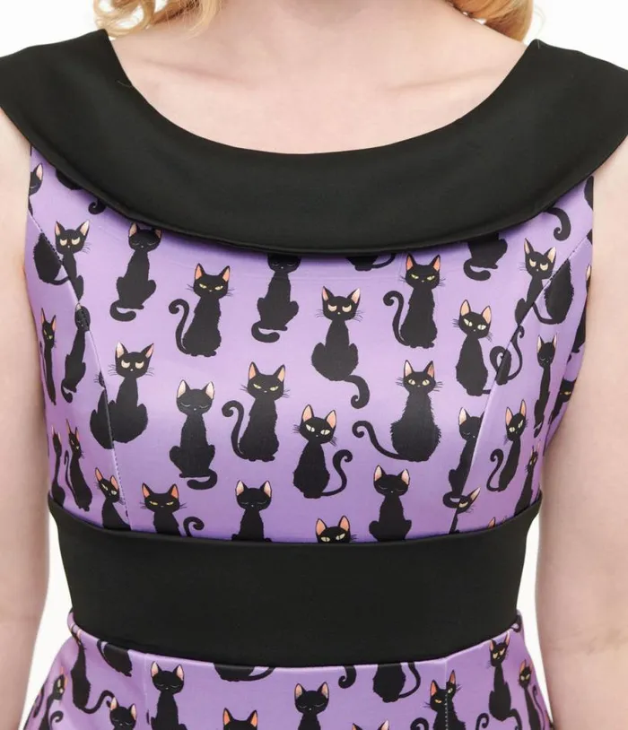 Dolly and Dotty 1950s Purple and Black Cat Print Darla Wiggle Dress DressesHalloweenPlus Unique Vintage Dresses