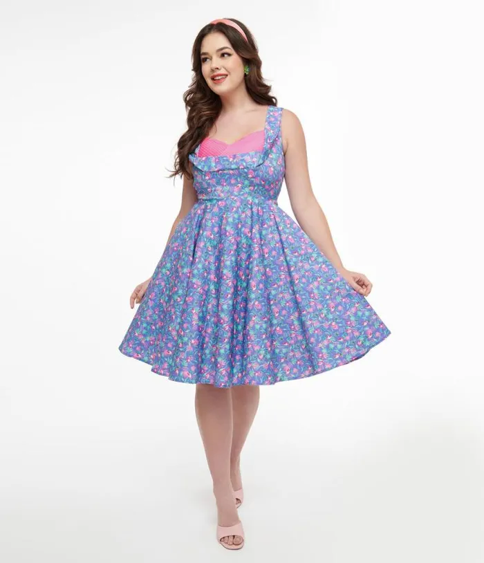 Dolly and Dotty 1950s Purple and Pink Flamingo Leaf Print Grace Swing Dress DressesPlus Unique Vintage Swing Dolly and Dotty 1950s Purple and Pink Flamingo Leaf Print Grace Swing Dress DressesPlus Unique Vintage Swing
