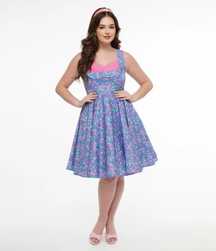 Dolly and Dotty 1950s Purple and Pink Flamingo Leaf Print Grace Swing Dress DressesPlus Unique Vintage Swing