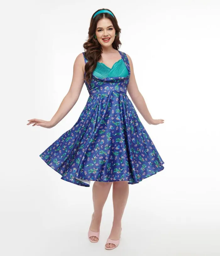Dolly and Dotty 1950s Purple and Teal Peacock Print Grace Swing Dress DressesPlus Unique Vintage Swing Dolly and Dotty 1950s Purple and Teal Peacock Print Grace Swing Dress DressesPlus Unique Vintage Swing