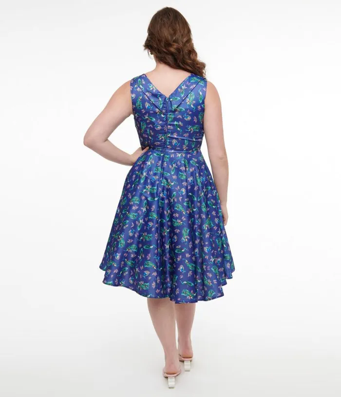 Dolly and Dotty 1950s Purple and Teal Peacock Print Grace Swing Dress DressesPlus Unique Vintage Swing