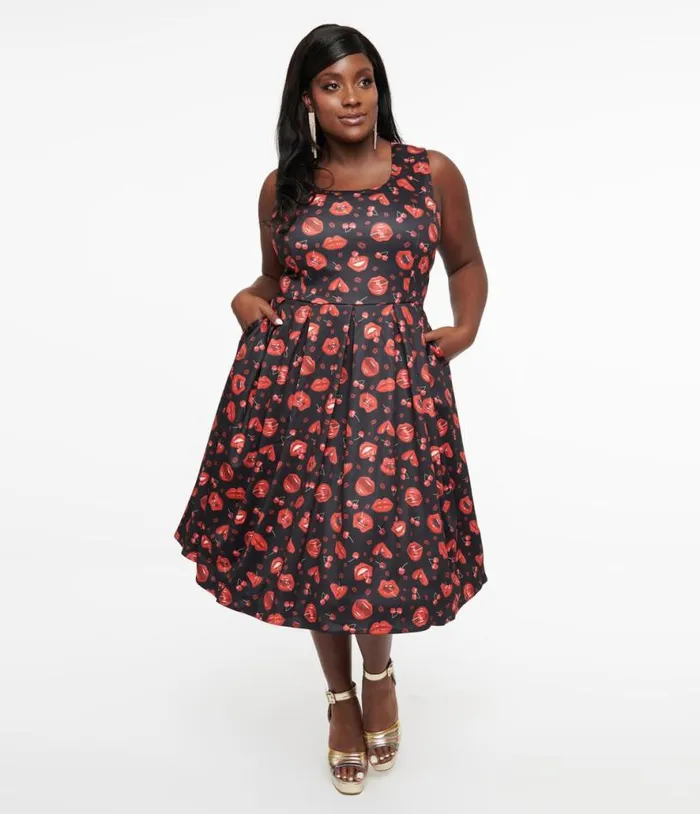 Dolly and Dotty 1950s Red Lip and Cherry Amanda Swing Dress DressesPlus Unique Vintage Pocket Dresses