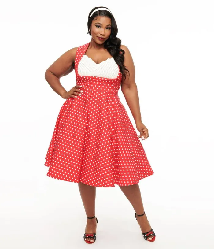 Dolly and Dotty 1950s Red Polka Dot Grace Swing Dress DressesPlus Unique Vintage Swing