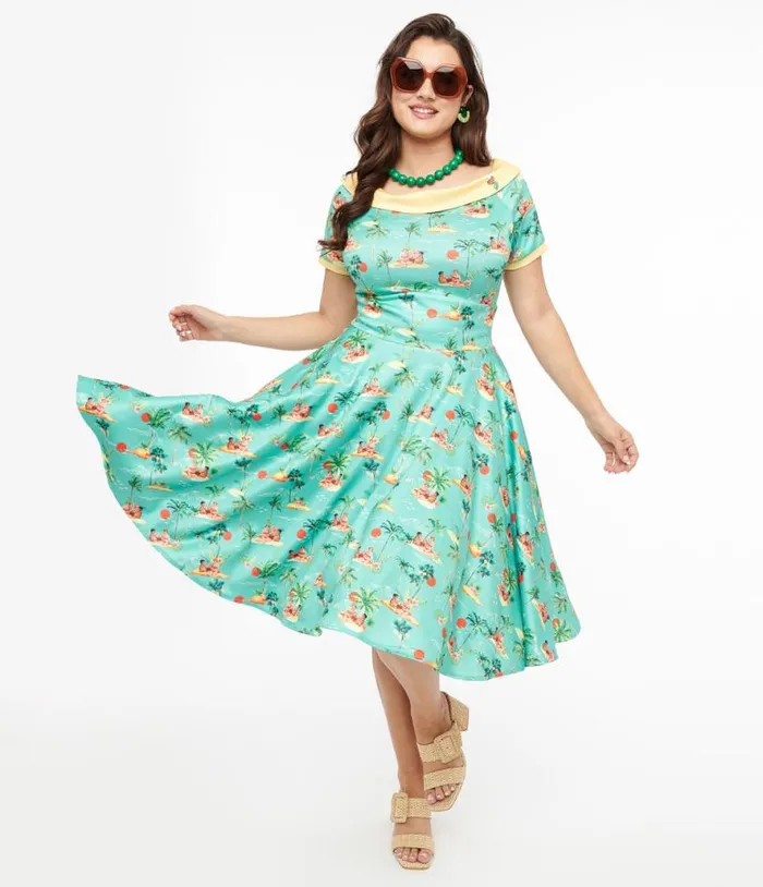 Dolly and Dotty 1950s Sea Blue Island Pinup Couple Print Darlene Swing Dress DressesPlus Unique Vintage Swing Dolly and Dotty 1950s Sea Blue Island Pinup Couple Print Darlene Swing Dress DressesPlus Unique Vintage Swing