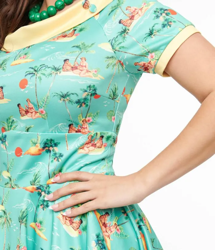 Dolly and Dotty 1950s Sea Blue Island Pinup Couple Print Darlene Swing Dress DressesPlus Unique Vintage Swing