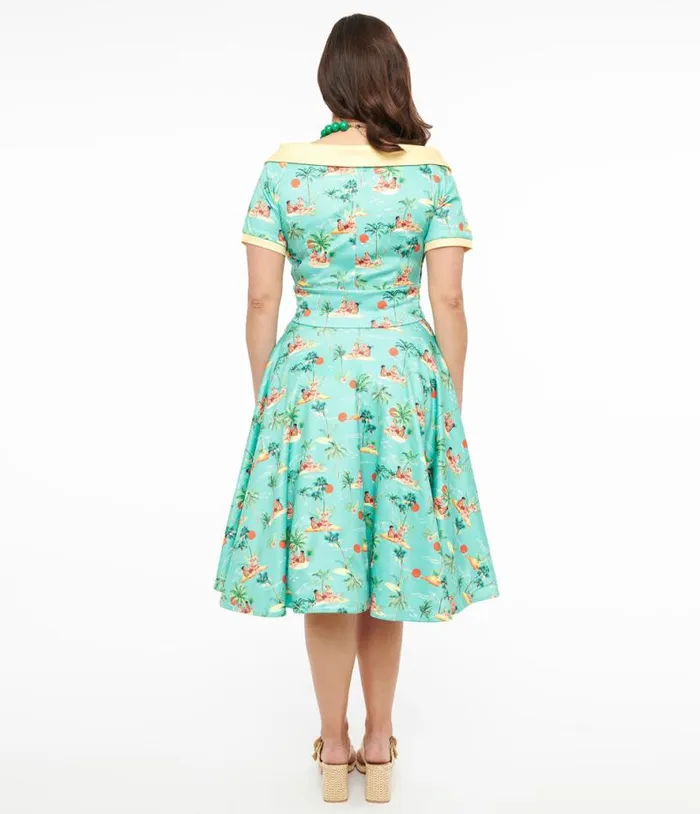 Dolly and Dotty 1950s Sea Blue Island Pinup Couple Print Darlene Swing Dress DressesPlus Unique Vintage Swing