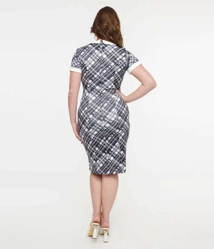 Dolly and Dotty 1950s White and Black Checkered Toni Wiggle Dress DressesPlus Unique Vintage Pencil