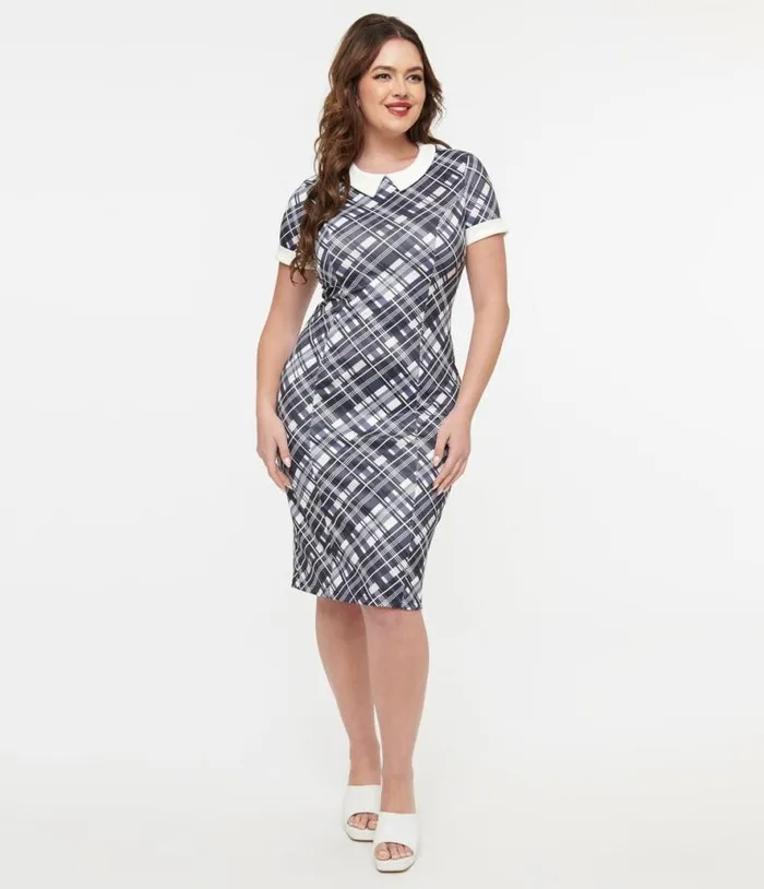 Dolly and Dotty 1950s White and Black Checkered Toni Wiggle Dress DressesPlus Unique Vintage Pencil