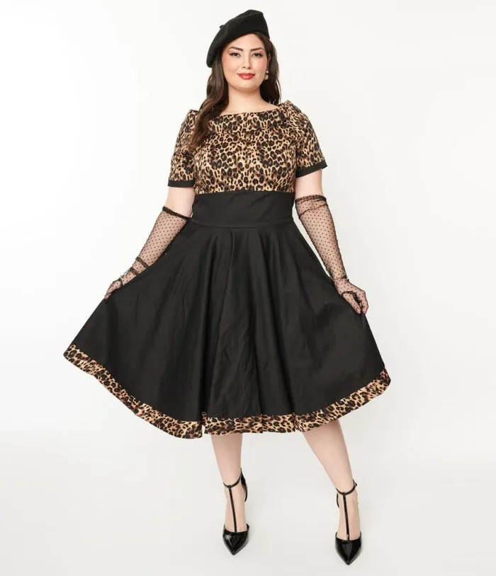 Dolly and Dotty Black and Leopard Print Darlene Swing Dress DressesPlus Unique Vintage Swing