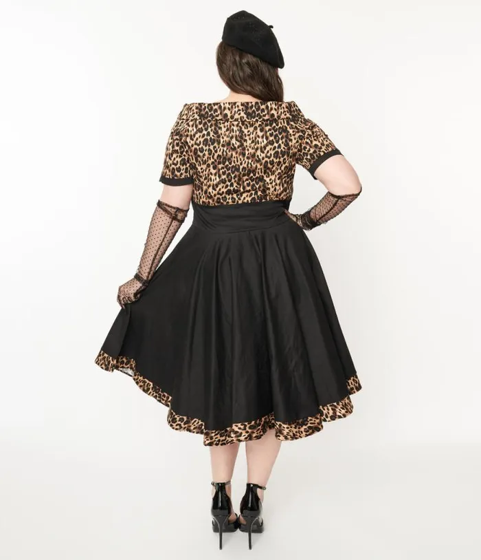 Dolly and Dotty Black and Leopard Print Darlene Swing Dress DressesPlus Unique Vintage Swing