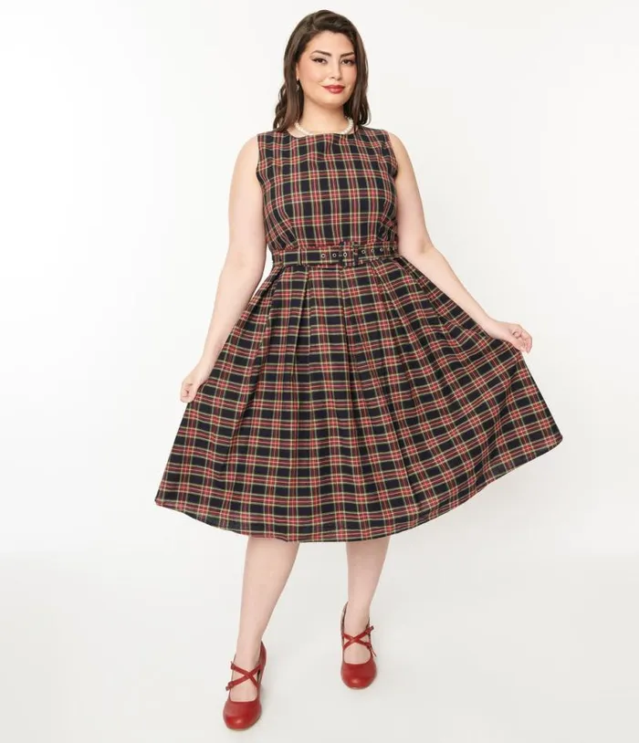 Dolly and Dotty Black and Red Plaid Annie Swing Dress DressesPlus Unique Vintage Pocket Dresses