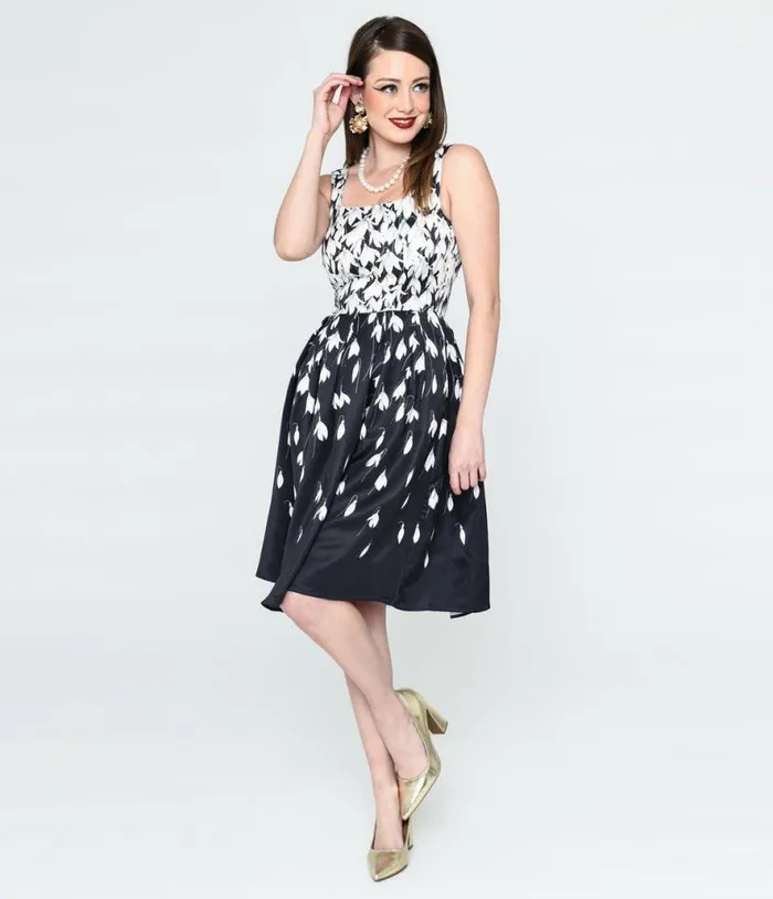 Dolly and Dotty Black and White Snowdrop Floral Swing Dress DressesPlus Unique Vintage Pocket Dresses