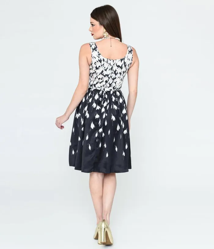 Dolly and Dotty Black and White Snowdrop Floral Swing Dress DressesPlus Unique Vintage Pocket Dresses