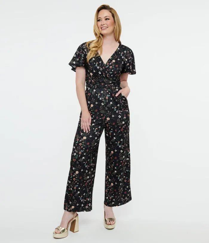 Dolly and Dotty Black Floral Meadow Butterfly Sleeve Jumpsuit ClothingPlus Unique Vintage Rompers and Jumpsuits Dolly and Dotty Black Floral Meadow Butterfly Sleeve Jumpsuit ClothingPlus Unique Vintage Rompers and Jumpsuits