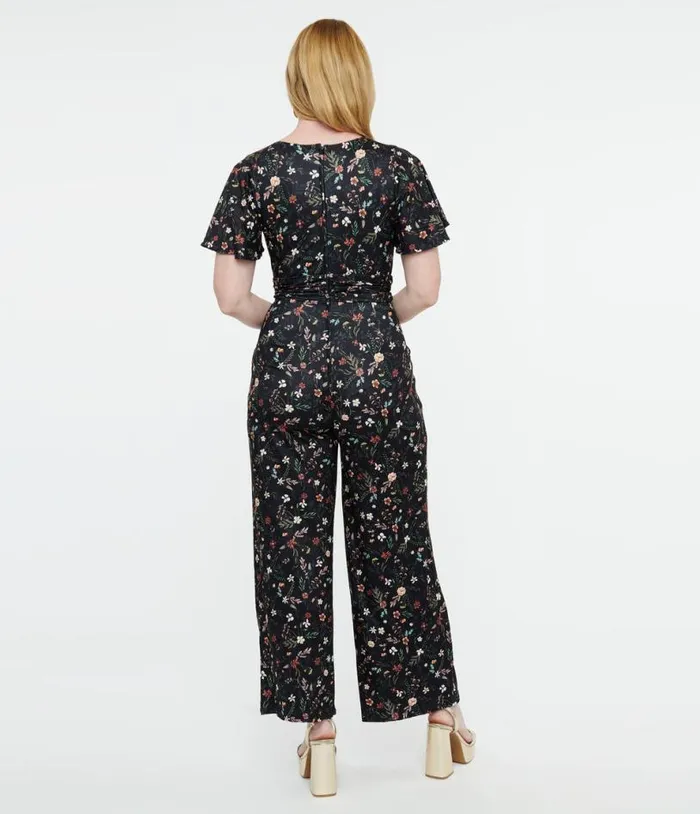 Dolly and Dotty Black Floral Meadow Butterfly Sleeve Jumpsuit ClothingPlus Unique Vintage Rompers and Jumpsuits