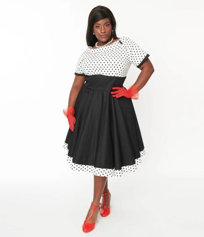 Dolly and Dotty White and Black Polka Dot Retro Swing Dress DressesPlus Unique Vintage Swing Dolly and Dotty White and Black Polka Dot Retro Swing Dress DressesPlus Unique Vintage Swing