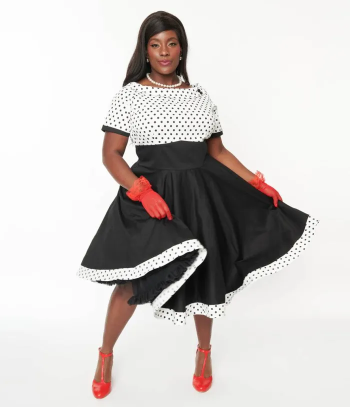 Dolly and Dotty White and Black Polka Dot Retro Swing Dress DressesPlus Unique Vintage Swing