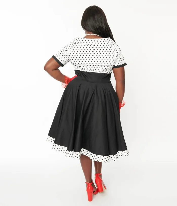 Dolly and Dotty White and Black Polka Dot Retro Swing Dress DressesPlus Unique Vintage Swing
