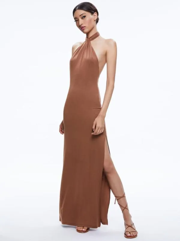 Dresses Women Alice Olivia AMAYA HALTER NECK HIGH SLIT DRESS Camel