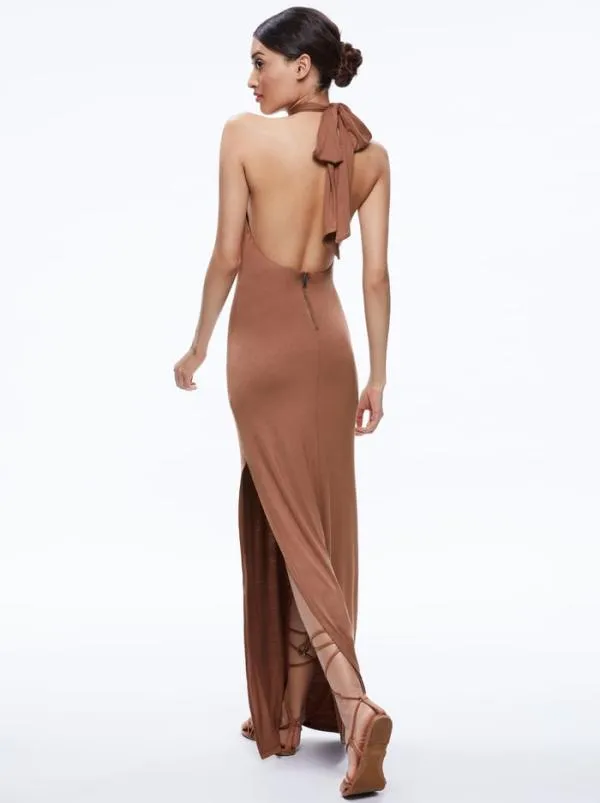 Dresses Women Alice Olivia AMAYA HALTER NECK HIGH SLIT DRESS Camel