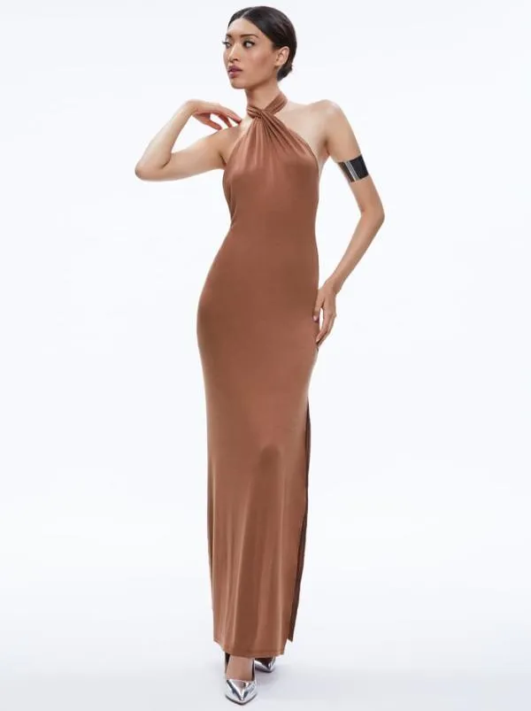 Dresses Women Alice Olivia AMAYA HALTER NECK HIGH SLIT DRESS Camel