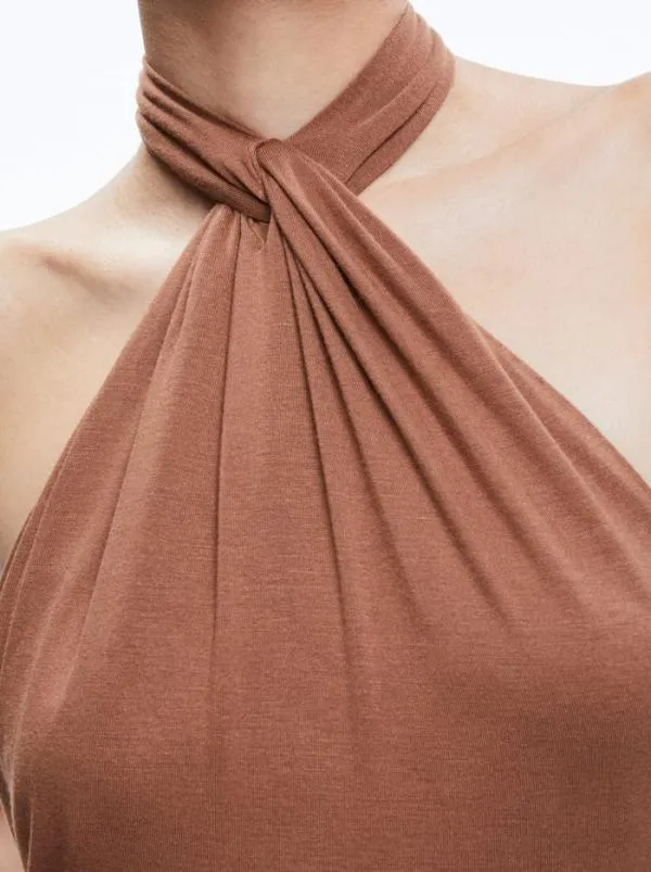 Dresses Women Alice Olivia AMAYA HALTER NECK HIGH SLIT DRESS Camel
