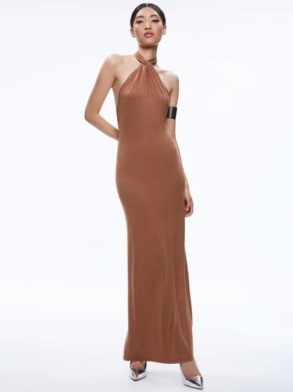 Dresses Women Alice Olivia AMAYA HALTER NECK HIGH SLIT DRESS Camel