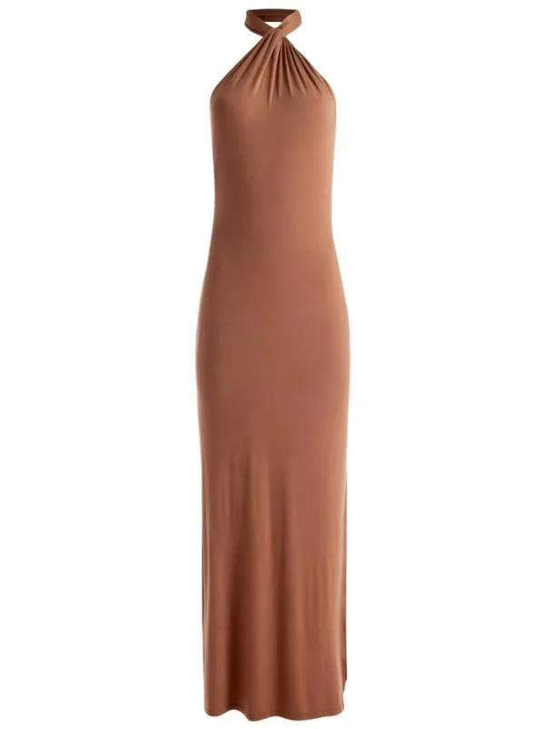 Dresses Women Alice Olivia AMAYA HALTER NECK HIGH SLIT DRESS Camel