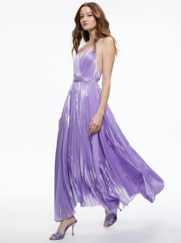 Dresses Women Alice Olivia ARISTA SLEEVELESS HALTER NECK PLEATED MAXI DRESS Solstice