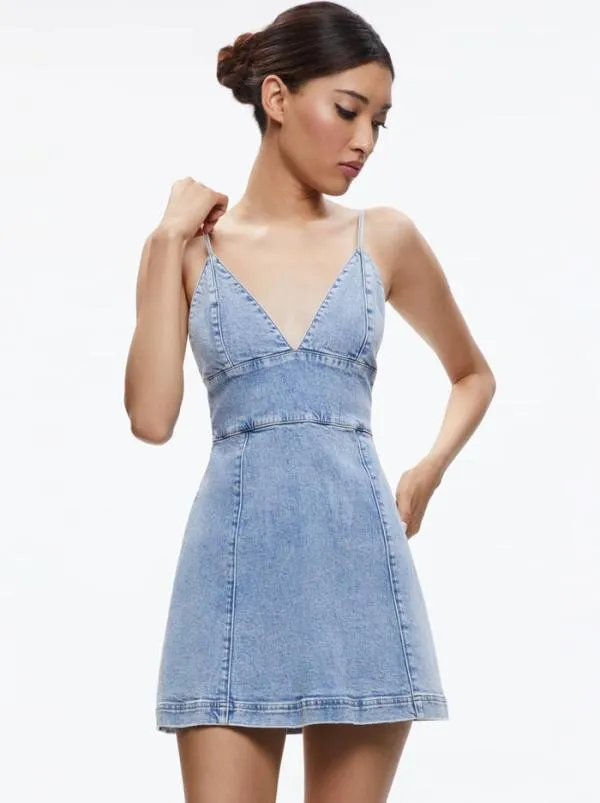 Dresses Women Alice Olivia CARLI SPAGHETTI STRAP DENIM MINI DRESS Rockstar Blue