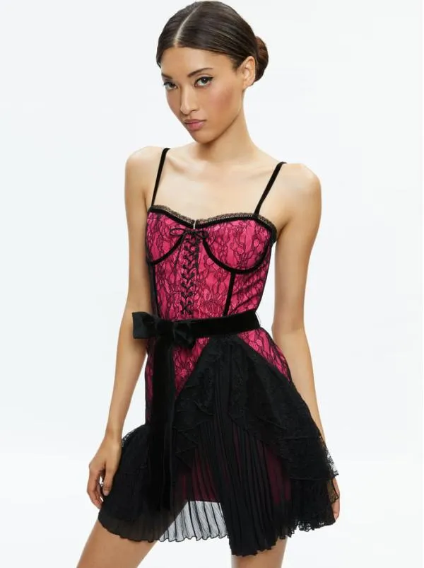 Dresses Women Alice Olivia CHANTIL LACE RUFFLE MINI GOWN Blackwild Pink
