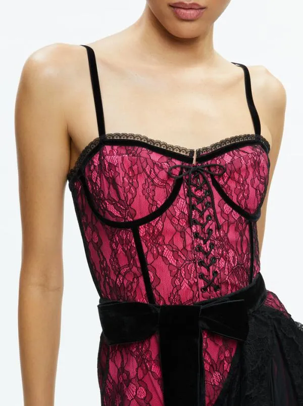 Dresses Women Alice Olivia CHANTIL LACE RUFFLE MINI GOWN Blackwild Pink