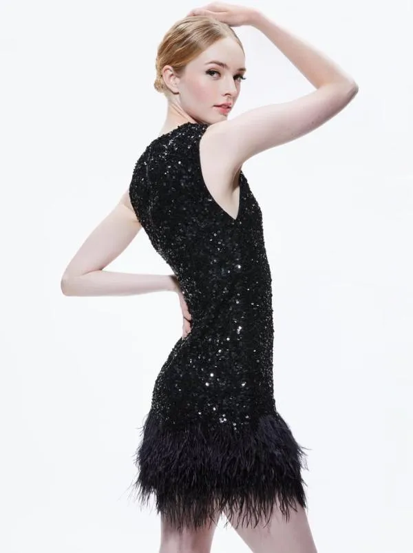 Dresses Women Alice Olivia COLEY EMBELLISHED FEATHER TRIM MINI DRESS Black