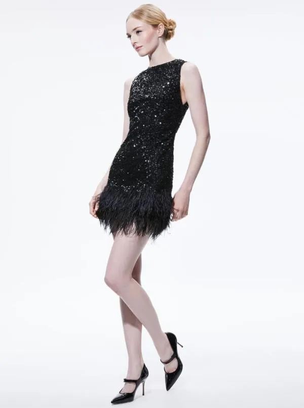 Dresses Women Alice Olivia COLEY EMBELLISHED FEATHER TRIM MINI DRESS Black