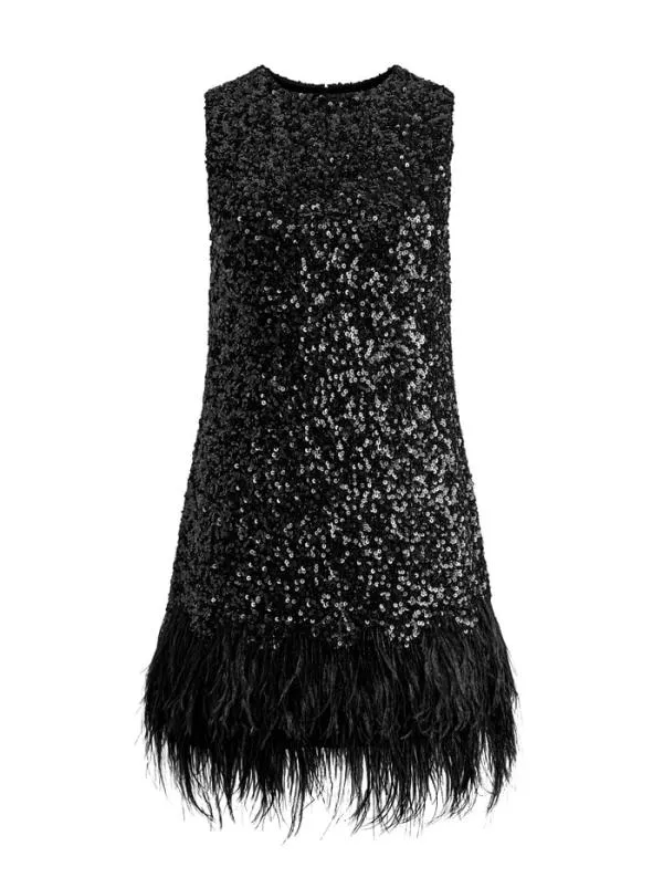 Dresses Women Alice Olivia COLEY EMBELLISHED FEATHER TRIM MINI DRESS Black
