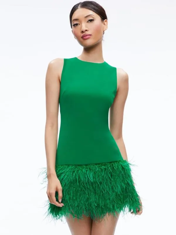 Dresses Women Alice Olivia COLEY FEATHER TRIM MINI DRESS Emerald