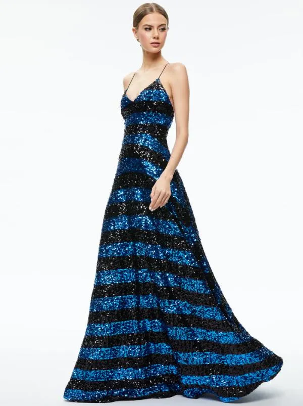 Dresses Women Alice Olivia DOMENICA SEQUIN GOWN DRESS Sapphireblack Stripe
