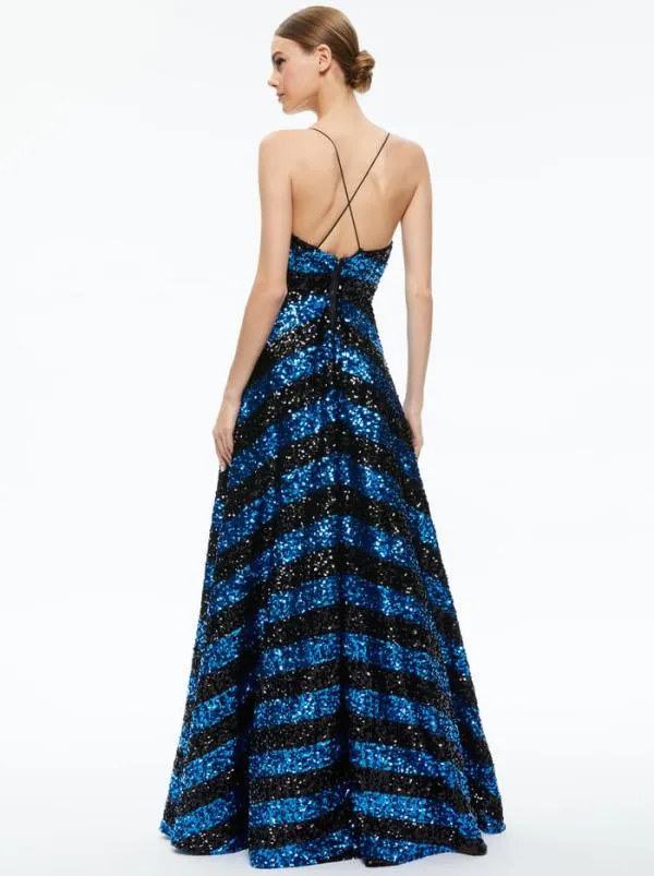 Dresses Women Alice Olivia DOMENICA SEQUIN GOWN DRESS Sapphireblack Stripe