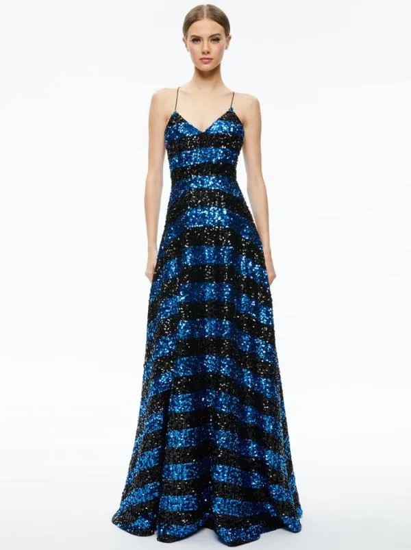 Dresses Women Alice Olivia DOMENICA SEQUIN GOWN DRESS Sapphireblack Stripe