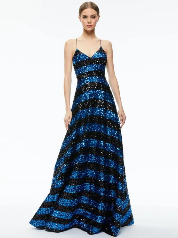 Dresses Women Alice Olivia DOMENICA SEQUIN GOWN DRESS Sapphireblack Stripe