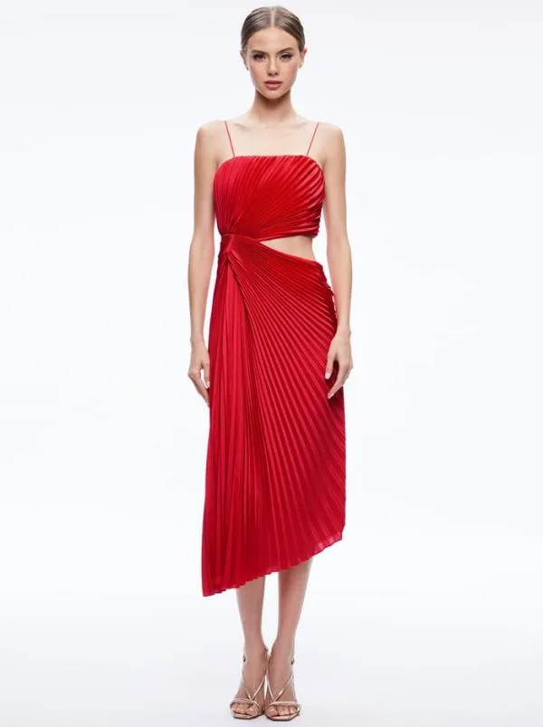Dresses Women Alice Olivia FAYETH CUT OUT ASYMMETRICAL HEM MIDI DRESS Chili Pepper